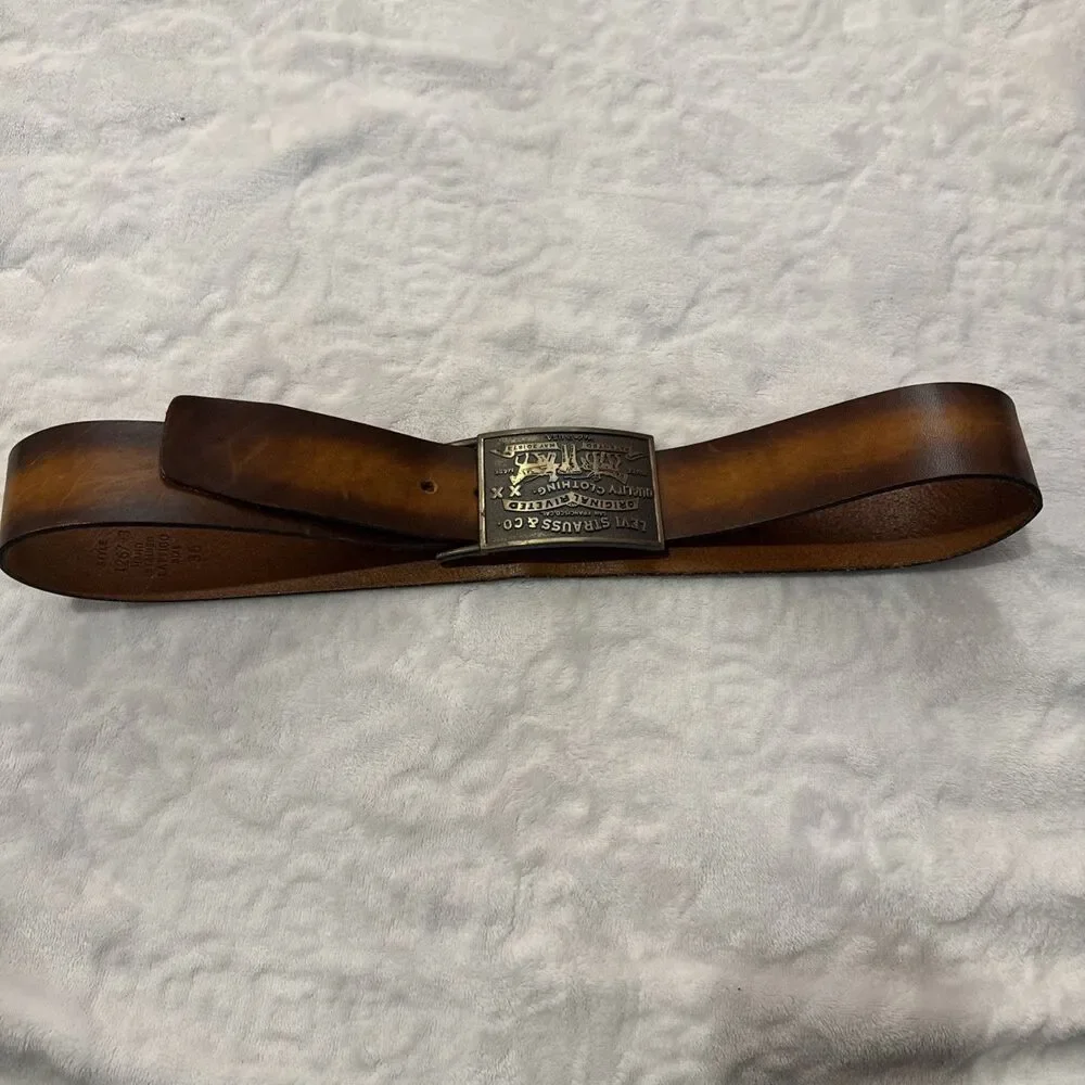 70s LEVIS Strauss Belt & Buckle 36 Tan Brass Hand Stained Latigo Leather 2 Horse
